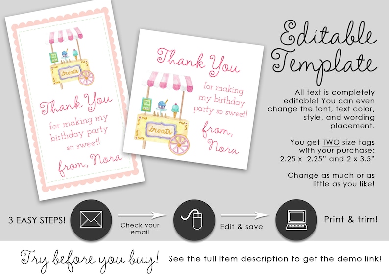 Ice Cream Cart Printable Favor Tag Pink EDITABLE TEMPLATE | Etsy