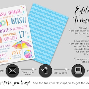 Printable Watercolor Pool Party Birthday Invitation - EDITABLE TEMPLATE - Etsy