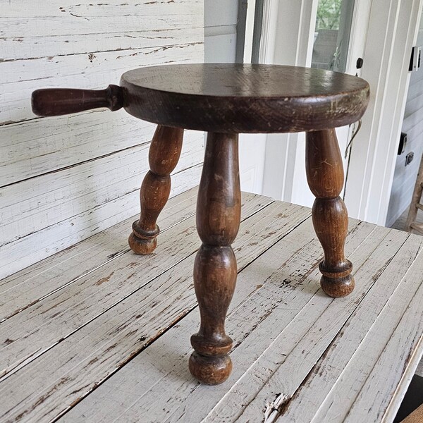 Wooden Vintage Milking Stool - 3 Legged Wooden Stool with Handle - Small Wooden Stool - Great Patina - Original Finish