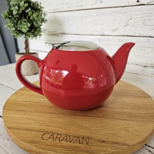 Certified International Bright Red Small Tea Pot with Silver Metal Attached Lid