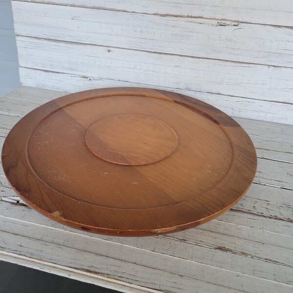 Vintage Large Wood Lazy Susan - Centerpiece Decor - Lazy Susan with Grooves - Easily Spins - Two tone wood - Tabletop Decor