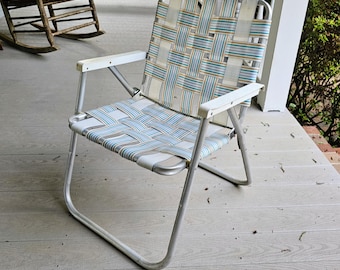 Vintage Webbed Aluminum Yard Chair - Collapsible Lawn Chair - Off-White & Blue