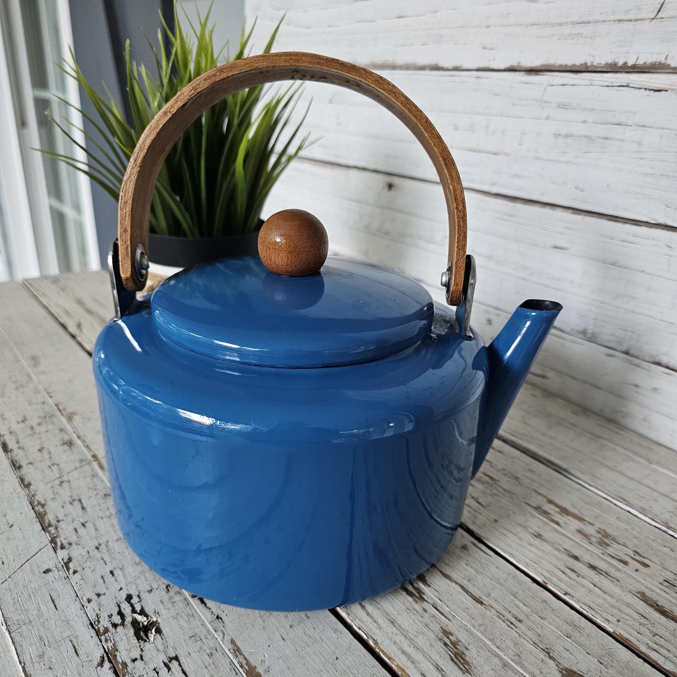 Mid Century Bright Blue Tea Kettle Blue Enamel Finish Wooden