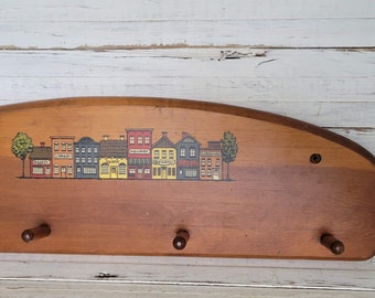 Wooden Peg Coat-Hat Rack with Vintage Town Mural - Vintage Hat Rack - Wooden Peg Entry Storage - Farmhouse Rack - Handcrafted Peg Rack