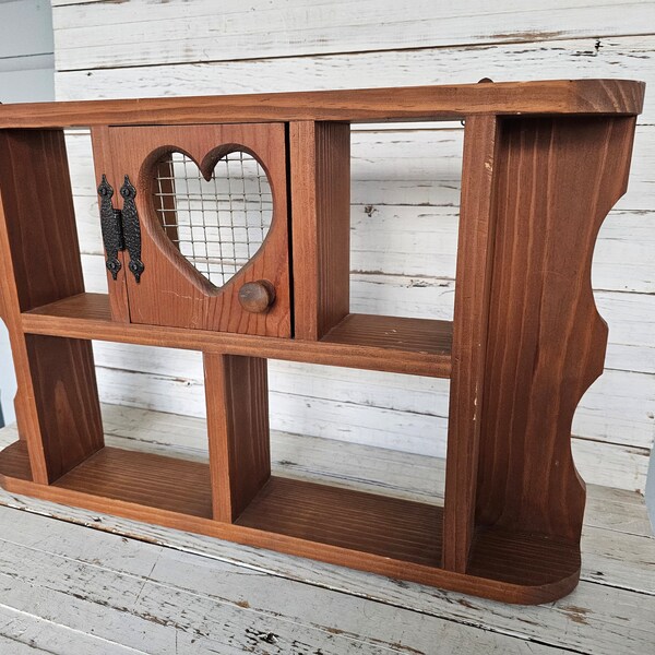 Vintage Wooden Knick Knack Cabinet Shelf - Multiple Compartments - Door with Chicken Wire - Trinket Shelf - Solid Wooden Shelf