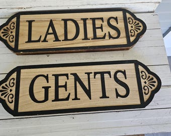 Vintage George Nathan Associates Ladies and Gents Room Wood Signs