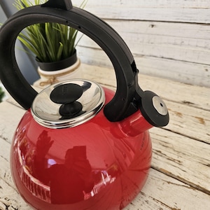 Mid Century Retro Candy Apple Red Tea Kettle - Like New Copco Tea Pot - Black Handle - Clean interior - Minimal Dings