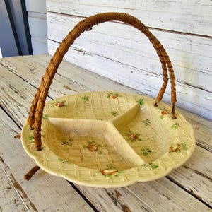 Vintage Porcelain Basket with Wooden Handle -Textured Porcelain 3 Section Trivet - Serving Display - Woven Look Basket -Floral Design