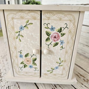Hand Painted Vintage Petite White Cabinet - Counter Top or Wall Shelf - Painted Cabinet - 2 Shelves - Roses painted on Doors - Arister Gifts