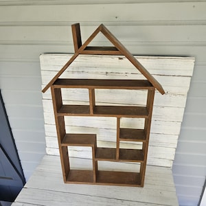 Large Vintage Wooden Nick Knack Shelf - Multiple Compartment Wall Shelf Shaped Like a House - Wall Decor with 9 Sections - 6 Rows