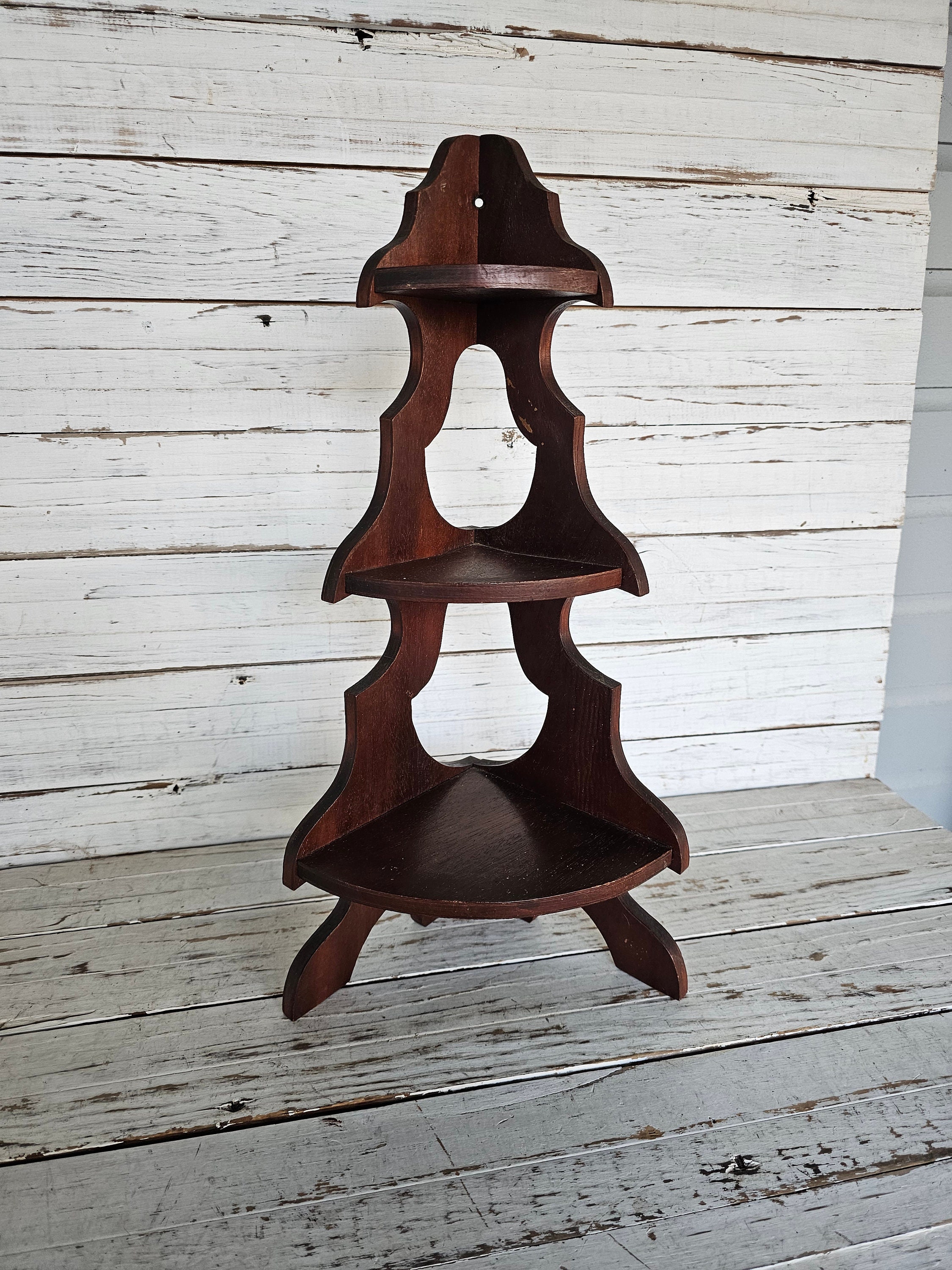Vintage Wooden Corner Knick Knack Shelf Free Standing Wall Shelf Wooden