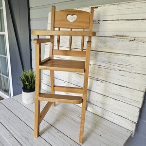 Vintage Wooden Doll High Chair - Toy Doll High Chair - All Natural Wood - Tall High Chair with Lifting Arm - Heart Cutout - Light Wood