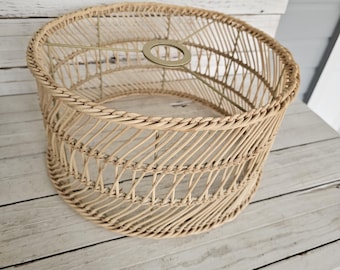 Boho Woven Rattan Lampshade - Natural Wicker Drum Shade for Table Lamps - Coastal Modern Replacement Shade - Spider Harp Fitting