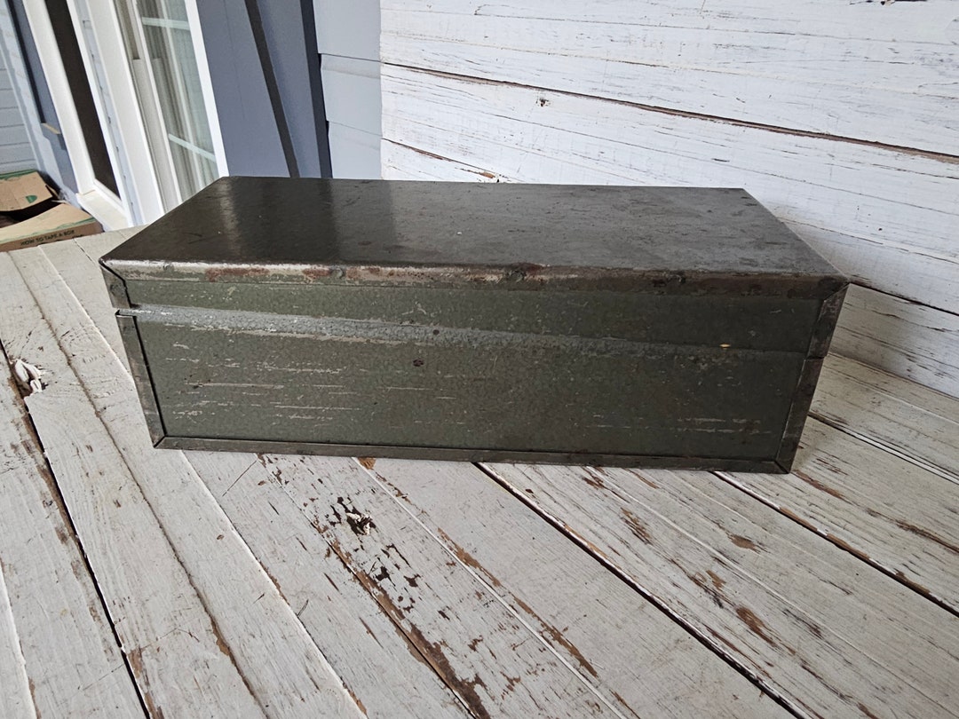 Long Green Metal Index Card File Box Vintage Metal Tray Metal Record ...