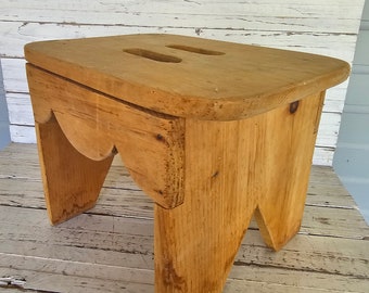 Vintage Wooden Step Stool with Cut Out Handle - Unfinished - Handmade Wooden Foot Stool - Sturdy Stool - Cut Out Handle - Stained Well Worn