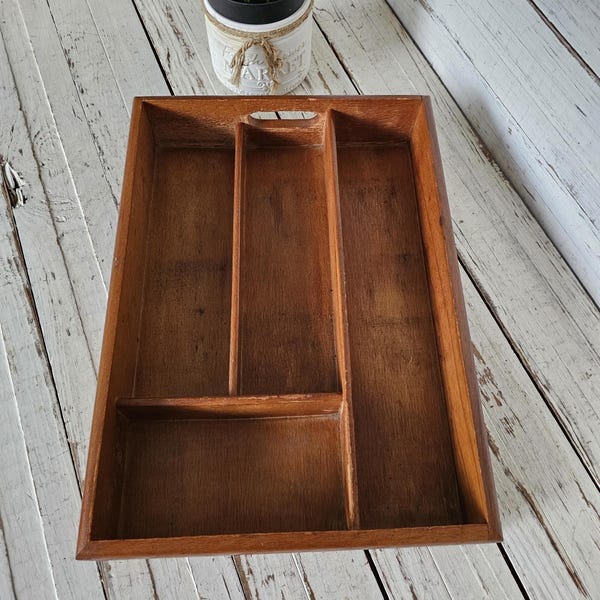 Vintage Wooden Silverware Tray - Flatware Storage - Wooden Tray with Compartments - Handle Cutouts - 4 Compartment Tray