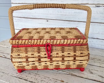 Vintage Sewing Basket with accessories - Wooden Spool - Vintage Snaps - Red and Tan - Woven Sewing Basket - Lined in faded red