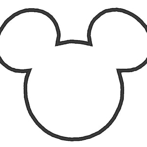 May include: A black and white outline of Mickey Mouse's head with large, round ears.