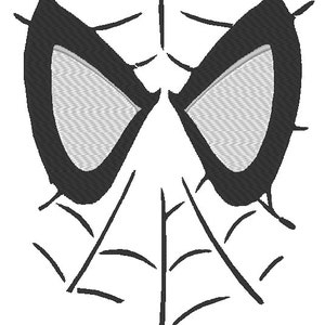 May include: Black and white illustration of a spider-man mask with a web design. The mask has a white spider eye design.