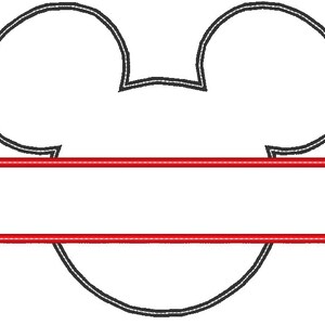 May include: Black and white outline of Mickey Mouse ears with a red line across the middle, creating a split monogram design.