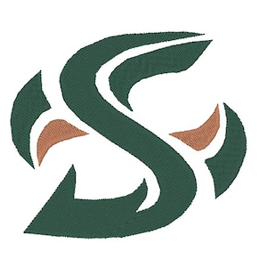 May include: A stylised green letter S with a brown accent. The letter is designed with a curved, flowing shape.