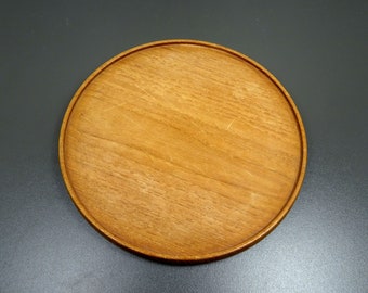 Tray TEAK wood round glass tray coaster string era MCM brown 295g 22 cm