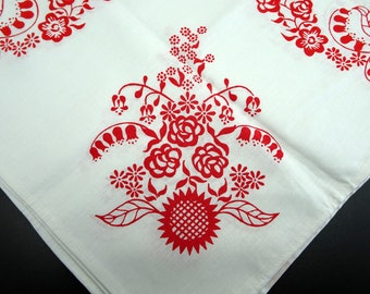 Tischdecke Mitteldecke Blaudruck rot auf weiß Rand Ornamente Baumwolle 77x76cm 93g