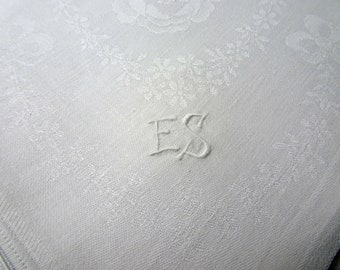 Linen damask fabric napkins monogram ES, set of 12 napkins 49 x 50 cm 811g white roses pattern