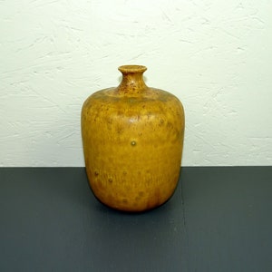 Può includere: Un vaso in ceramica giallo con una superficie testurizzata e una glassa macchiata.