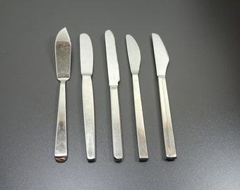 Design cutlery knife individual parts, 5 knives from different manufacturers, Cromargan, modern style