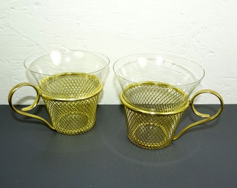 2 Glas Teegläser Kakaobecher 60er  Metall gold, 147g Höhe 8cm, Dm 8-10cm