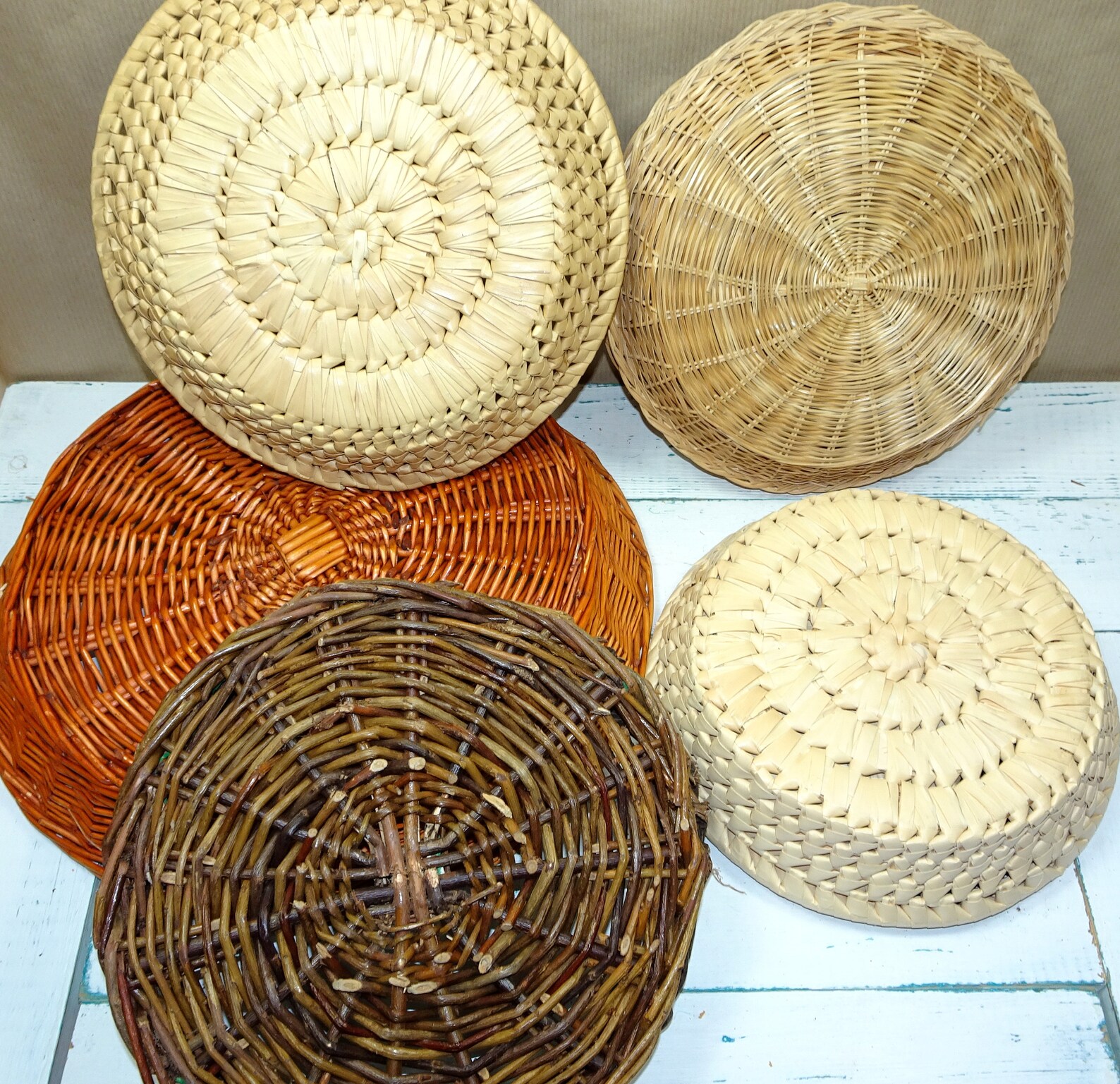 Boho Wall Baskets Round Flat Baskets Collection Vintage Etsy