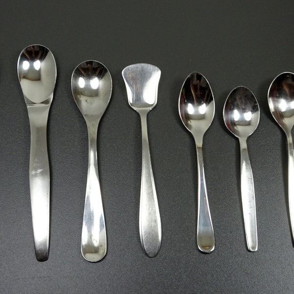 Spoon cutlery items, 7 different teaspoons made of stainless steel Cromargan, manufacturer - WMF, Wellner, BERAM, QUIST