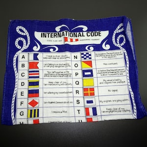 May include: A blue and white fabric square with the text "INTERNATIONAL CODE" and a chart of nautical flags and their meanings. The flags are arranged alphabetically from A to T, with each flag accompanied by a short description of its meaning.