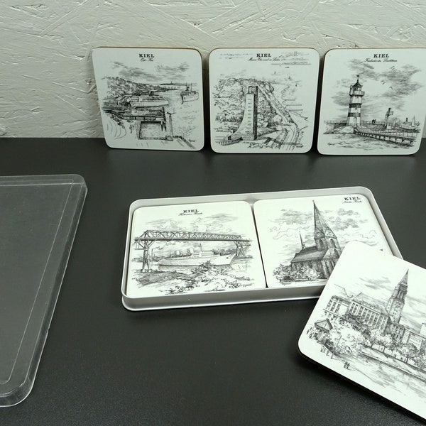 Melamine coasters, motifs of the city of Kiel SH, Schubert Tamat series, square, cork, 6 pieces in a tin, 305g 20x10x1.5 cm