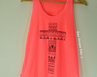 Tank Top Bright Neon Orange Cross  Boho Softness Fabric Yoga Festival fashion tshirt Vintage tank tops for woman Kale, shor