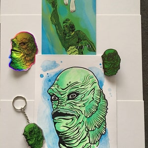 Creature from the black lagoon original art bundle / monster art / enamel pin / holographic sticker / keychain / horror collection / coffin