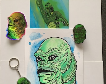 Creature from the black lagoon original art bundle / monster art / enamel pin / holographic sticker / keychain / horror collection / coffin