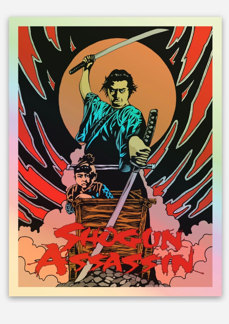 May include: Illustration of a samurai holding a katana, with a child in a wooden cart. The background features a red and black design with a large orange circle. The text "Shogun Assassin" is displayed in red.