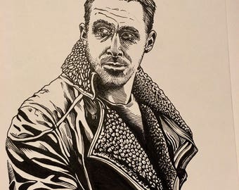 Blade Runner 2049 ryan gosling original fan art drawing/science fiction/action/goth/clothing/fashion/style/movie/gift/wall decor/home decor