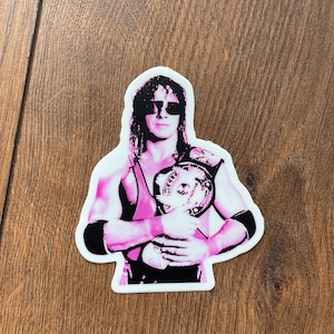 May include: A pink and black wrestling champion sticker featuring a wrestler wearing sunglasses and holding a championship belt.