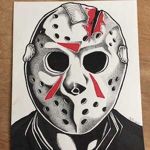 Könnte beinhalten: Schwarz-weiß-Illustration einer Hockeymaske mit roten Akzenten. Die Maske hat ein rissiges Design und ist im Pointillismus-Stil gezeichnet. Die Unterschrift des Künstlers befindet sich in der rechten unteren Ecke.