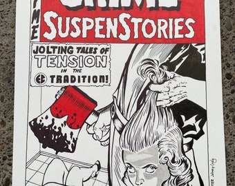 Crime Supspenstories Issue 22 cover recreation original art / ec comics / tales from the crypt / horror art / enamel pin / macabre / vhs