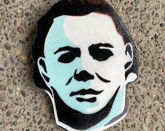 Micheal myers Halloween spray painted wood plaque / horror art / macabre / John carpenter / slasher / original art / Elvira / vhs / slayer