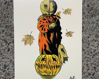 Sam trick r’ treat horror movie art print / fall season / Halloween / demon / possession / Halloween mask / haunt / macabre / spooky / vhs