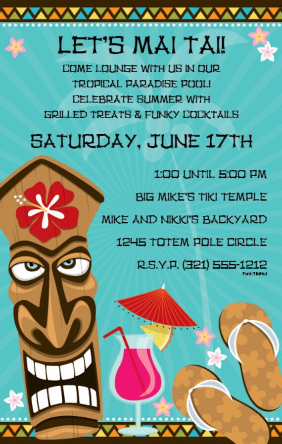 Hawaiian Style Tiki Invitation, Hawaiian Party Invitation Summertime Luau Beach Party Birthday Announcement,Original Digital Design, ISN1179 Il_570xn