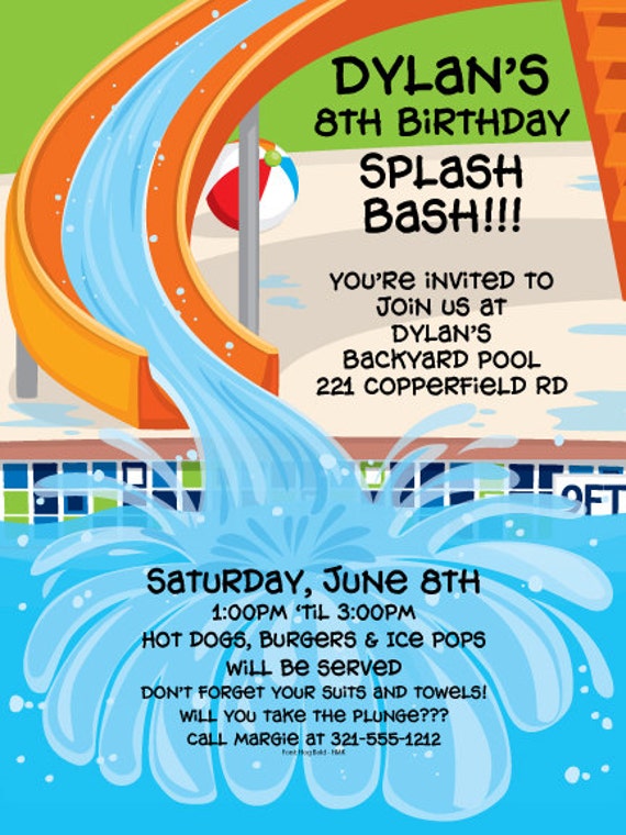 Swimming Pool Slide Invitation, Backyard Party, Summer Celebration, Splash, Birthday Bash Invite,Announcement,Original Digital Design IV1013 Il_570xn