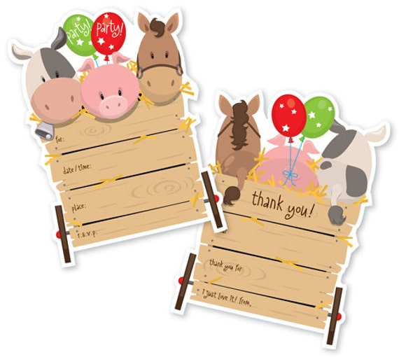 Farm Animals Die Cut Fill In Invitations & Matching Thank You Notes, Barn Yard Animals, Hay Ride Celebrate Party Birthday Invite - FI106 Il_570xn