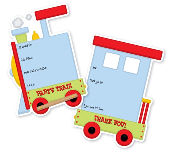 Train Die Cut Fill In Invitations & Matching Thank You Notes, Choo Choo Celebrate Party Birthday Invite - FI142 Il_570xn
