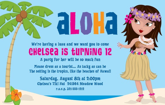Hula, Sweet Wahine Invitation, Hawaiian Party Invitation, Summertime Luau Beach Party Birthday Announcement, Original Digital Design,ISN1232 Il_570xn